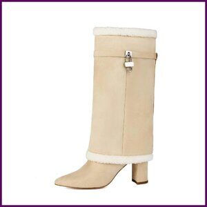 Mid Calf Fold Over Boots with Chunky Heel and Fur Collar, Size Available